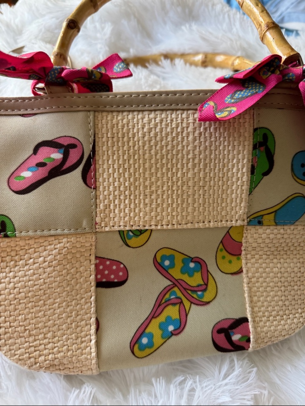 Woven Straw Beach Tote with Pink Flip-Flop Print